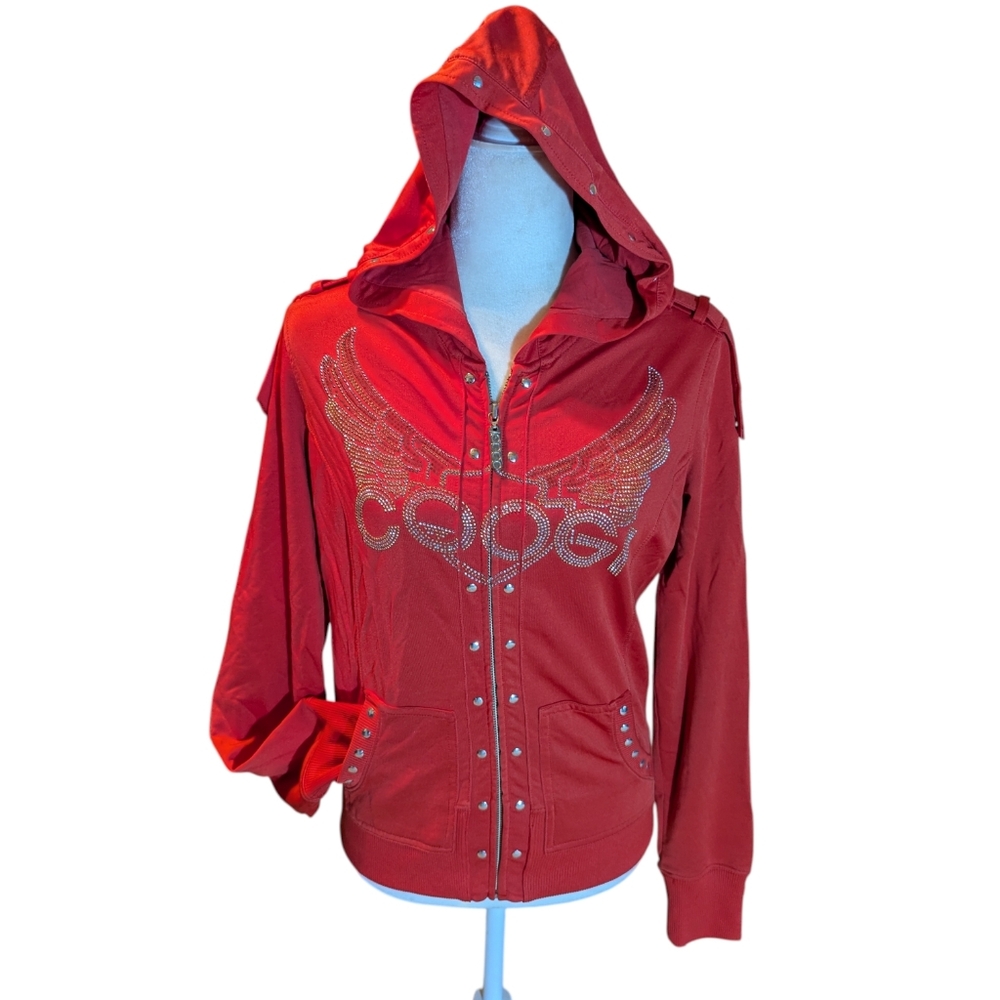 Coogi Y2K Angel Wings metallic studded red Knit hooded zip front jacket Sz M
